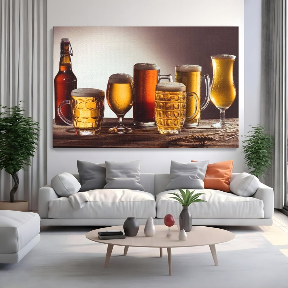 Tablou canvas cu colectie de halbe si pahare cu bere, fara rama, pe sasiu de lemn, pe perete intr-un living